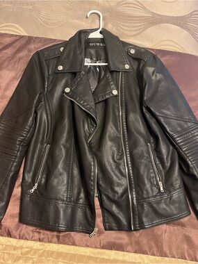 GUESS Black Faux Leather Moto Jacket with Silver Hardware
